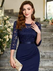 MIUSOL Elegant Floral Lace Round Neck Wrap Hem Cocktail Party Bodycon Dress Prom Semi Formal Wedding Guest Dress, For Birthday, Graduation, Dinner, Homecoming - Navy Blue - View 8