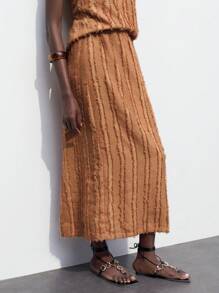 Maija 卡其色竖条纹提花高开叉休闲女裙 - 棕色 - 查看 6