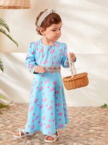 SHEIN Baby Girl Round Neck Long Sleeve  Flower Print Dress - Blue - View 6