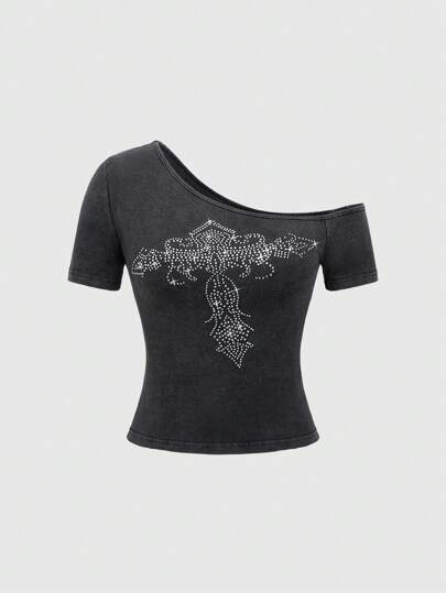 Goth Women's Cross Rhinestone Craft Asymmetrical Neck T-Shirt