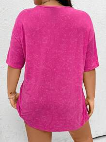 Flirla Plus Size Women's Summer Loose Fit Casual T-Shirt With Round Neck, Drop Shoulder Sleeves, Letter And Wing Print - Hot Pink - View 2