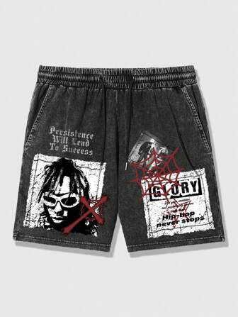 Street Life Shorts pour hommes à taille avec cordon de serrage, avec slogan et imprimé de personnages, style de lavage de neige usé et effiloché