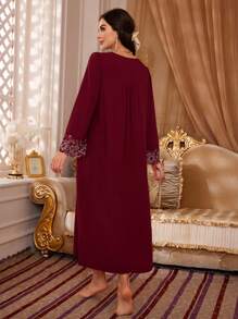 PalaceNights Contrast Floral Lace Flounce Sleeve Pajama Night Long Dress Luxeloungewear, Moo Moo Dress, Fall & Winter Cozy And Elegant Details - Burgundy - View 2