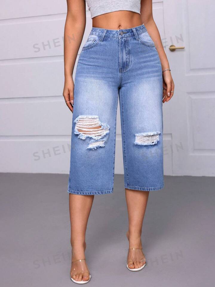 SHEIN Essnce Women s Distressed Cropped Casual Jeans With Pockets SHEIN UK