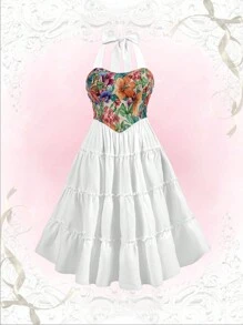 Flirla Plus Size Holiday Floral Jacquard Patchwork Halter Neck Dress - Multicolor - View 5