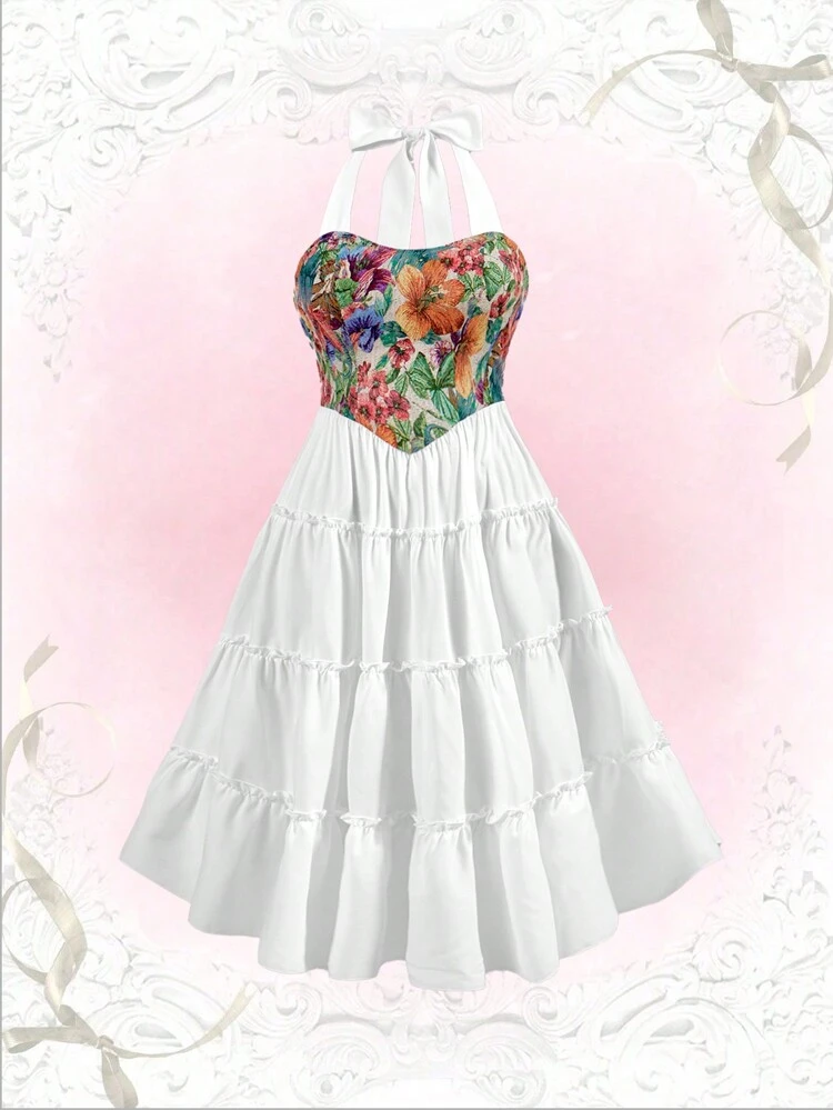 Plus Size Holiday Floral Jacquard Patchwork Halter Neck Dress