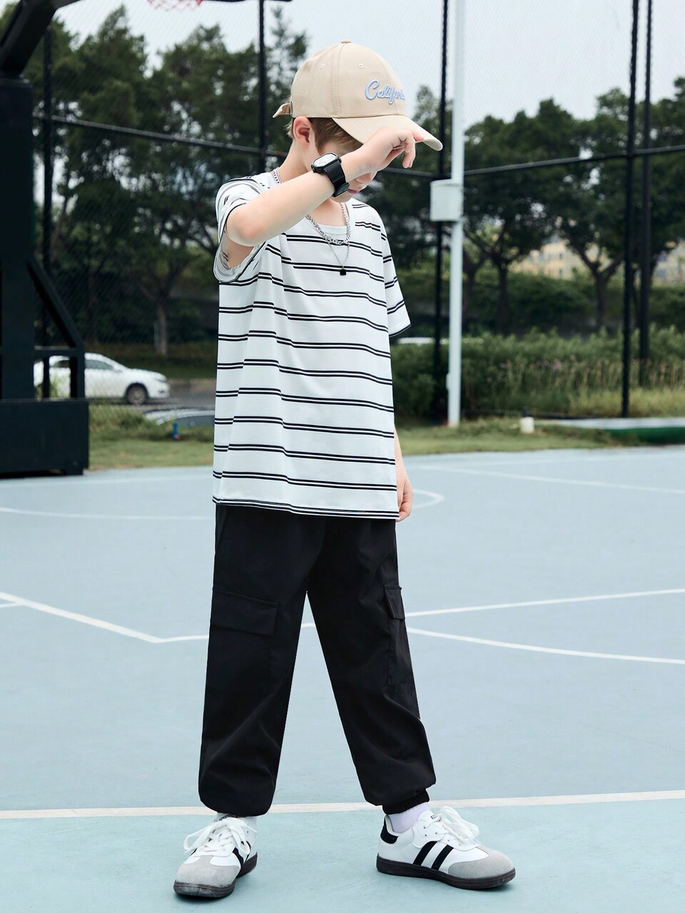 Tween Boy's Summer Casual 2pcs/Set Striped Short Sleeve T-Shirt And Pocketed Pants Outfit