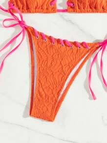 SHEIN Swim 女性夏季海灘比基尼套裝泳裝，配有頸項和性感銅扣開孔設計 - 亮橙色 - 查看 5
