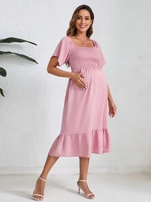 Maternity Summer Fashion Solid Color Off-Shoulder Dress - Pink - View 5