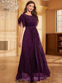 SHEIN Belle Robe à manches volantées plissées, avec ourlet évasé, de couleur unie brillante, pour tenue de fête de vacances. Maxi robe à sequins pour femmes