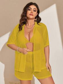 SHEIN Swim Curve Plus Size Summer Casual Breathable Short Sleeve Cover Up Top And Shorts 2-Piece Set - Yellow - View 4
