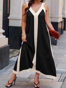 SHEIN Clasi Plus Size Women's Fashion Color-Block Sleeveless Dress - Black and White - View 3