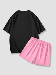Manfinity LEGND Conjunto de camiseta de manga corta con cuello redondo y pantalones cortos con cintura con cordón para hombres con estampado de oso animado, para el verano