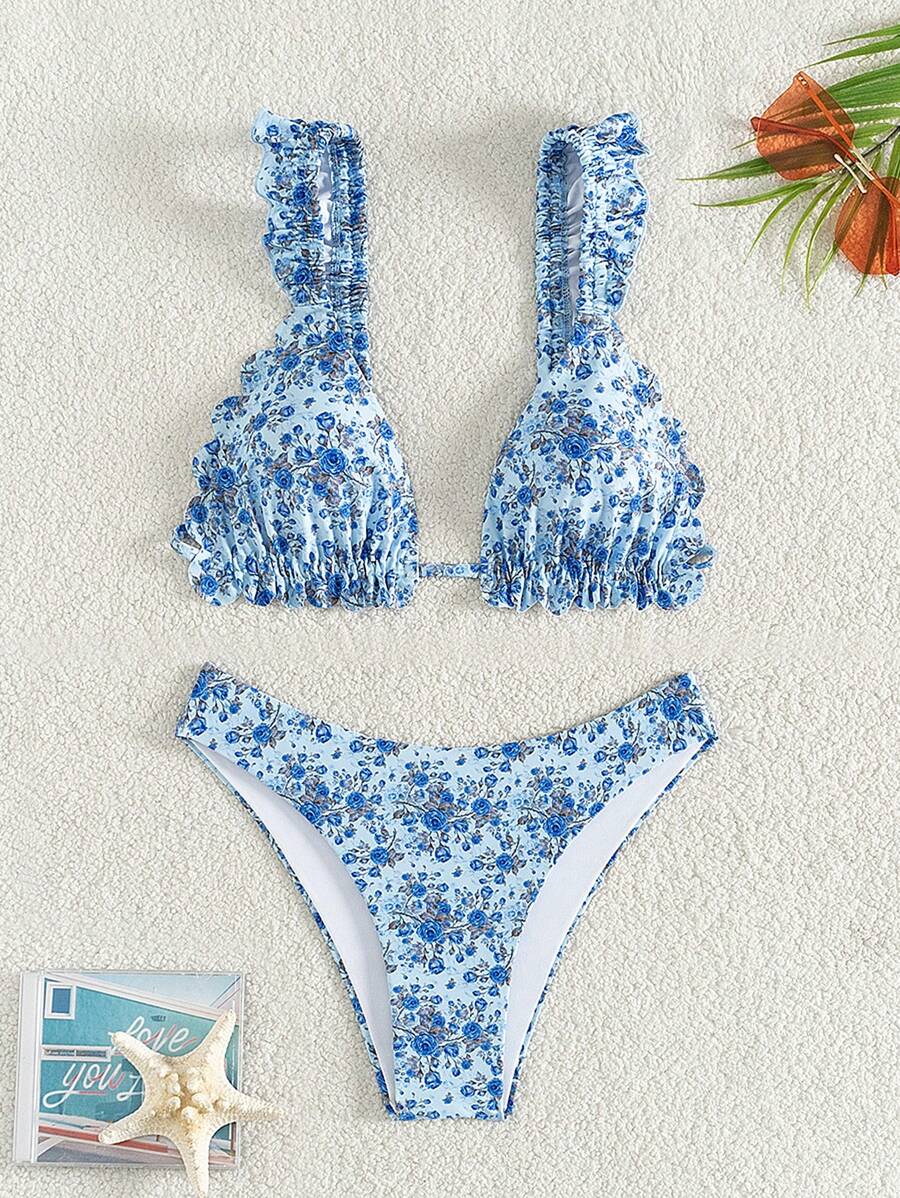 SHEIN Swim Women's Summer Beach Floral Ruffle Sexy Bikini Set, Random Print