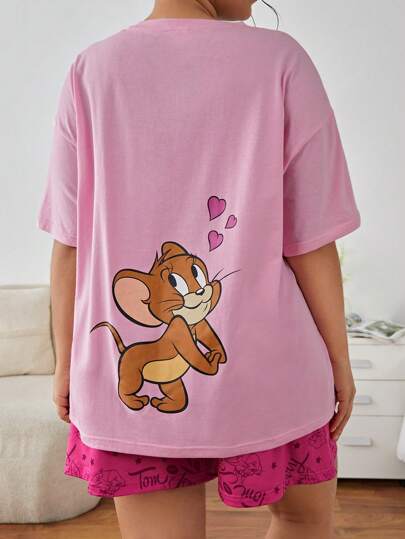 TOM & JERRY X SHEIN Plus Size Casual & Cute Loose Knit Cartoon Printed Pink Tee & Shorts Pajama Set