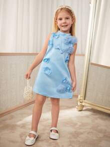 SHEIN Vestido de niña estilo princesa color azul agua salada con cuello alto y flores en 3D en mangas cortas, un vestido de niña a la moda y versátil para primavera, verano y otoño - Azul - Ver 5