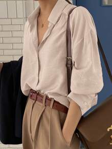 DAZY 女士纯色简约日常长袖衬衫，秋季服装 - 杏色 - 查看 1