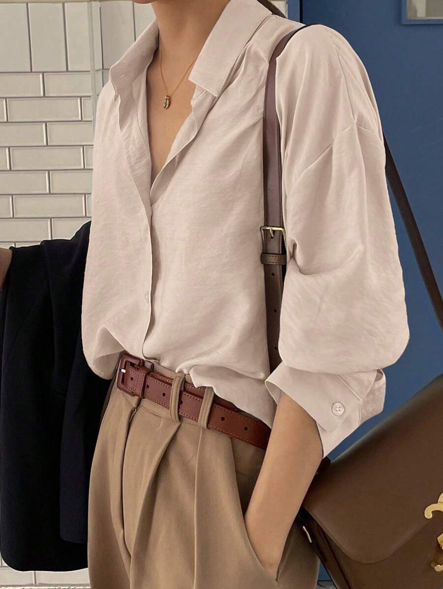 DAZY 女士纯色简约日常长袖衬衫，秋季服装 - 杏色 - 查看 1