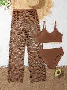 Tween-Mädchen Zweiteiliges Bikini Set mit gerüschten Kanten und dreiteiliges Set Summer Beach