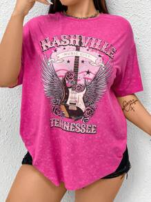 Flirla Plus Size Women's Summer Loose Fit Casual T-Shirt With Round Neck, Drop Shoulder Sleeves, Letter And Wing Print - Hot Pink - View 1