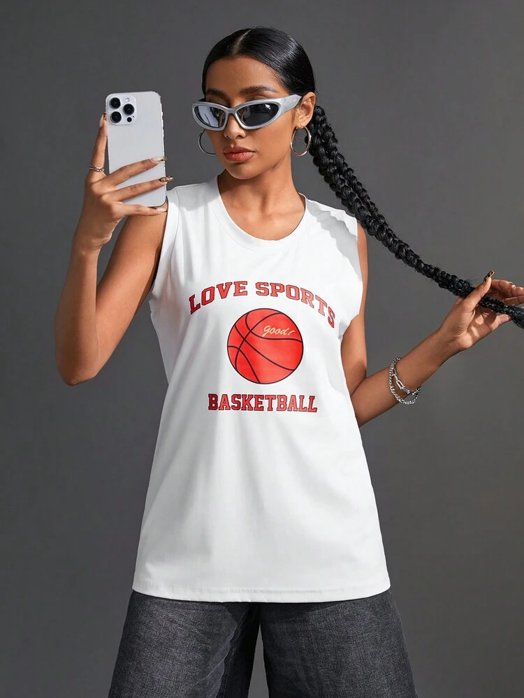 Women's Round Neck Basketball Printed Sleeveless Sports Tank Top, Summer