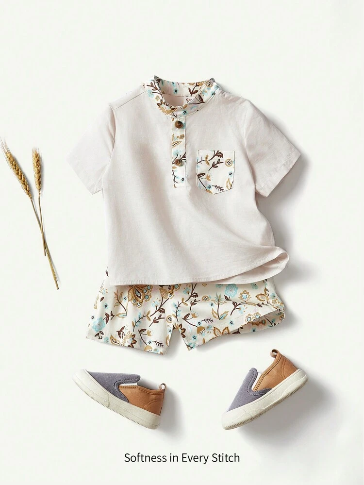 Baby Boy Cartoon Cat Pattern Color-Blocked Short Sleeve Pullover Top And Casual Shorts Outfit, 2pcs/Set