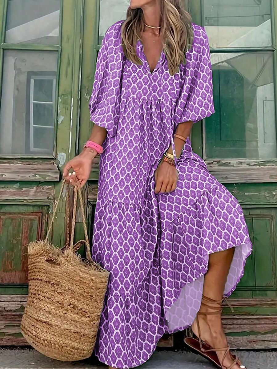 Breezaya 女士復古印花深V領夏季假日休閒連衣裙 - 紫色 - 查看 1