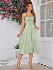PARTHEA Backless Crisscross Lace Up Ruched Boning Corset Cami Dress - Olive Green - View 5