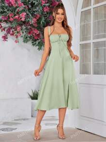 PARTHEA Backless Crisscross Lace Up Ruched Boning Corset Cami Dress