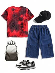 SHEIN 青少年男孩夏季休閒水洗印染表情短袖襯衫和牛仔短褲套裝 - 彩色 - 查看 2