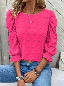 EMERY ROSE Camisa casual de vacaciones para mujer de unicolor con mangas abullonadas, parte superior de manga tres cuartos