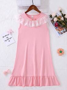 Summer Sweet Contrast Lace Sleepwear Dress With Ruffle Hem For Tween Girls - Pink - View 1