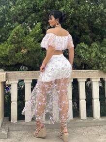 Flirla Plus Size Summer Embroidered Off-Shoulder Crop Top & Skirt Set, Romantic Fashion Outfits - Multicolor - View 7