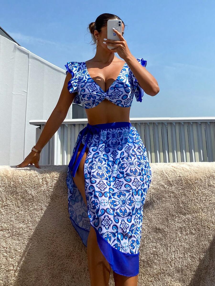 Swim Vcay Set de bikini con estampado floral y falda a juego con volantes para vacaciones de verano (estampado aleatorio) - Multicolor - Ver 1
