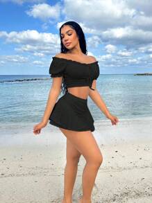 SHEIN SXY 海滩；夏季度假服装公主袖荷叶边假日白色两件套 - 黑色 - 查看 5