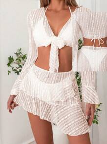 SHEIN Swim 女士夏季海滩纯色挂脖比基尼套装，带长袖罩衫和罩裙，4 件套