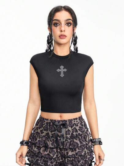 Goth Sexy Backless Black Solid Color Elastic Knitted Cross Pattern Rhinestone Embellished Tight-Fitting Twisted Short Sleeve Women's T-Shirt