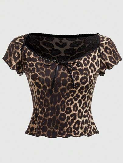 Große Größen T-Shirt mit Leoparden Muster und Schnürung, Schule