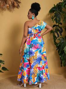 Slaydiva Elegante y romántico vestido de flores de línea A con volantes multicapas y un hombro para mujeres de talla grande