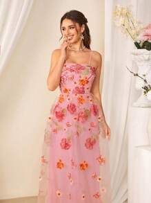 SHEIN Belle Đầm dài thêu dây sang trọng trang trọng dành cho nữ - Màu Hồng baby - Xem 4