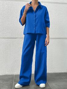 EURMUSE 女士兩件式襯衫和褲子套裝 - 藍色 - 查看 6