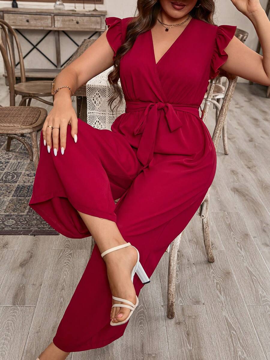 EMERY ROSE Plus Size Solid Color V-Neck Jumpsuit With Ruffle Edge And Waist Belt For Casual Summer For New Year Clothes - Red - View 1