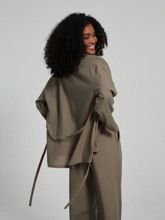 女士休闲纯色和服风格腰带开衫和裤子套装