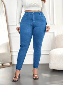 SHEIN Cottnline Women's Plus Size Slim Fit Jeans - Blue - View 1