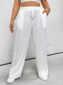 Flirla Plus Size Solid Color Casual Knitted Striped Texture Pants Fall Cloth For Women