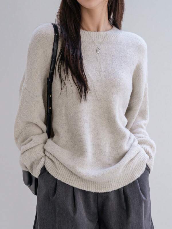 Dazy-Less Fluffy Knit Drop Shoulder Sweater,Long Sleeve Tops,Fall Women Clothes