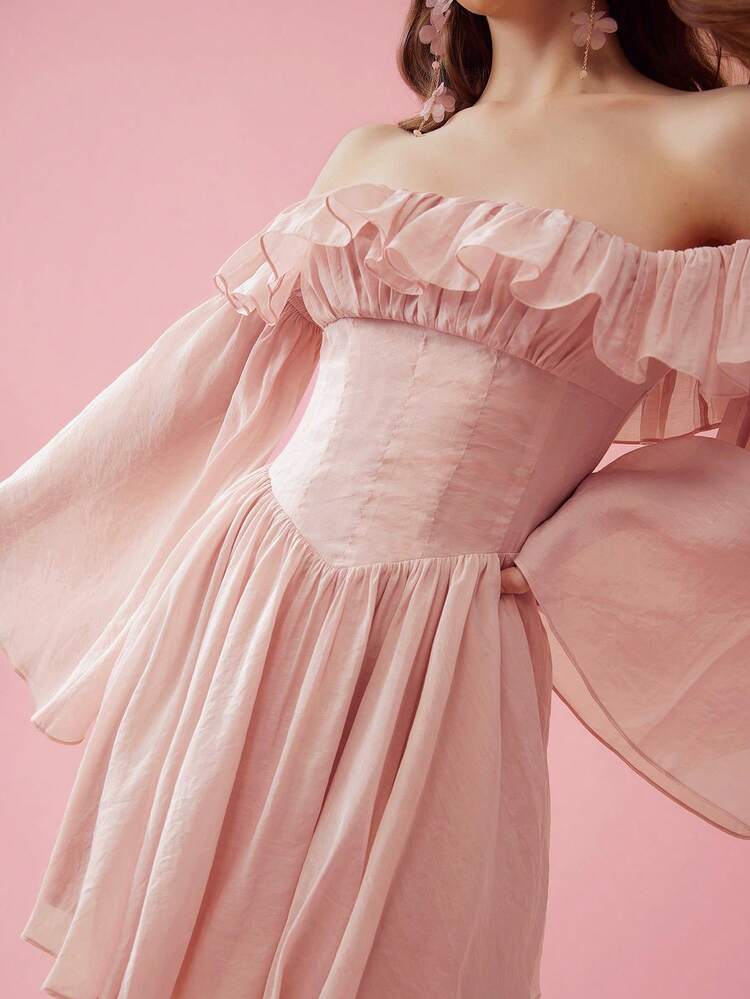 Romantic Summer Holiday Solid Color Off-Shoulder High-Waist Pleated Umbrella Hem Flare Sleeve Summer Dress