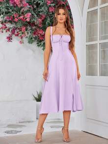 PARTHEA 露背交叉花邊束褶撐骨緊身束腰連衣裙 - 淡紫色 - 查看 6