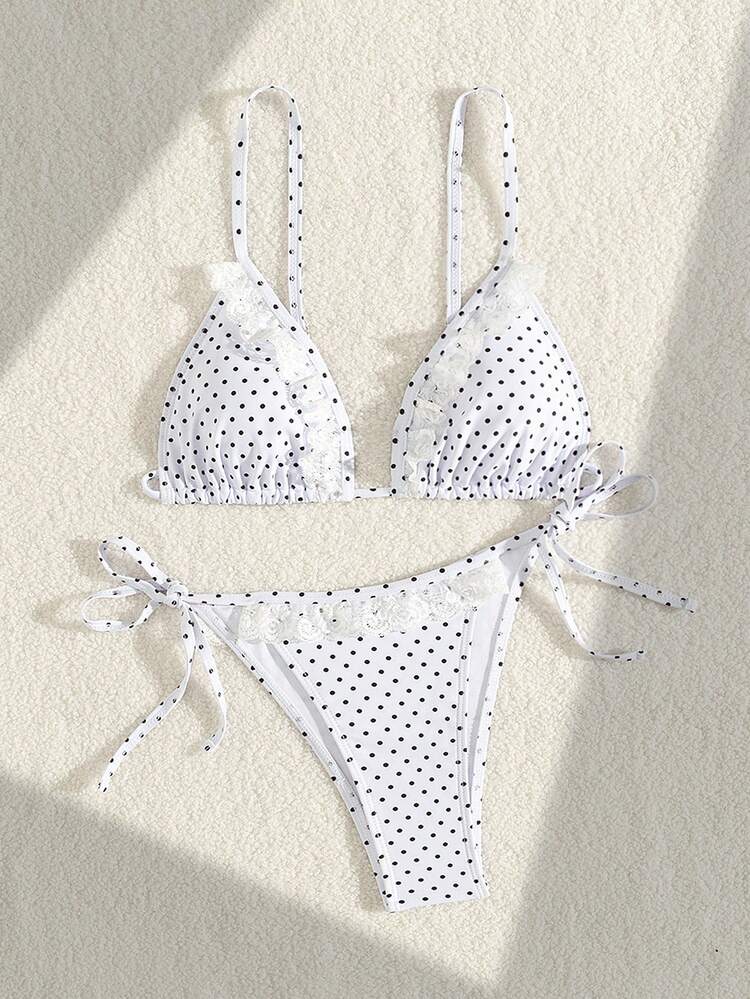 Women's Summer Beach Polka Dot Printed Ruffle Edge Sexy Bikini Set