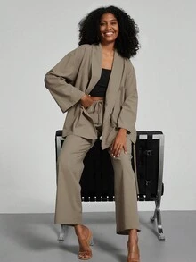 Women Casual Solid Color Matching Kimono Style Belt Cardigan And Pants Set - Khaki - View 4